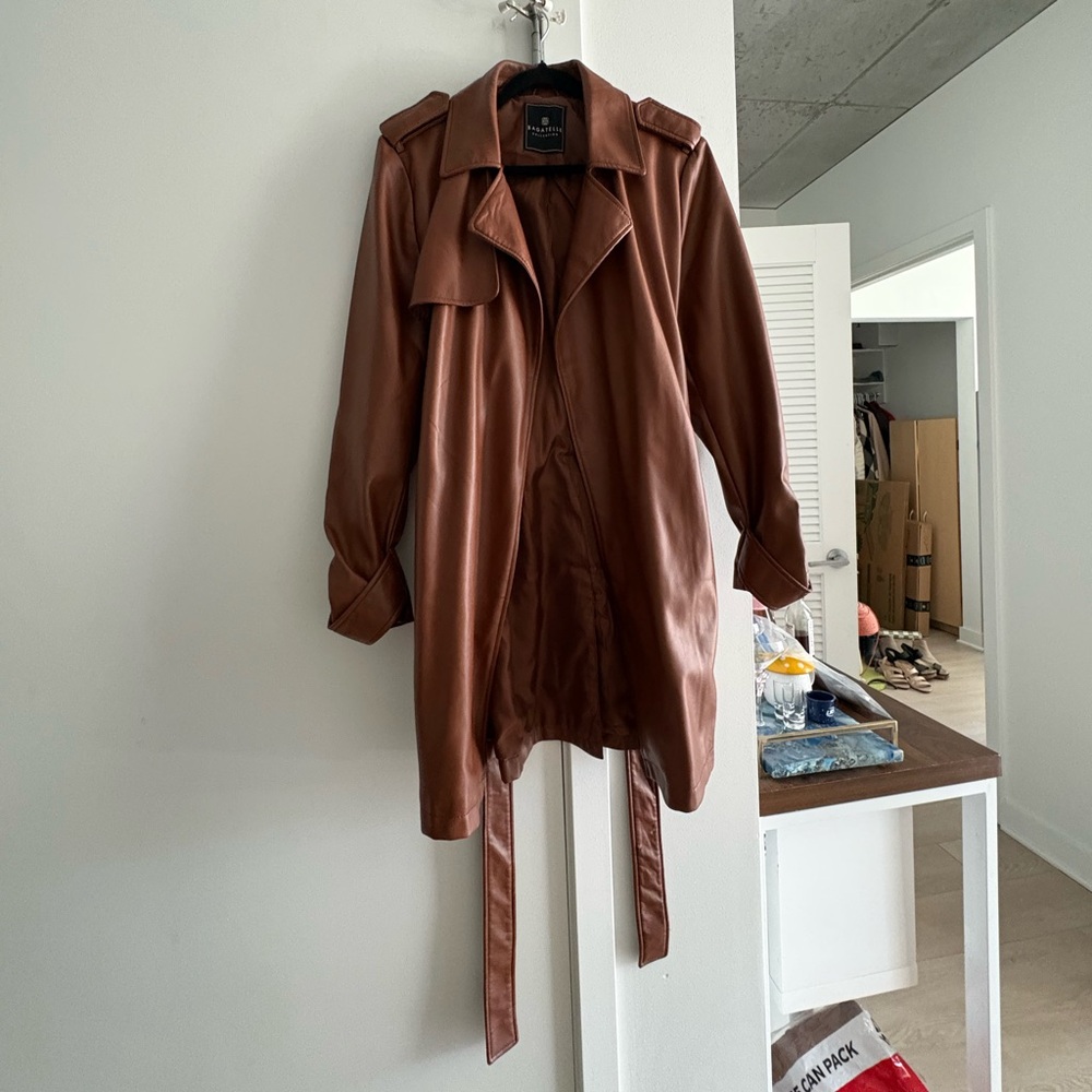 Brown Faux Leather Trench Coat